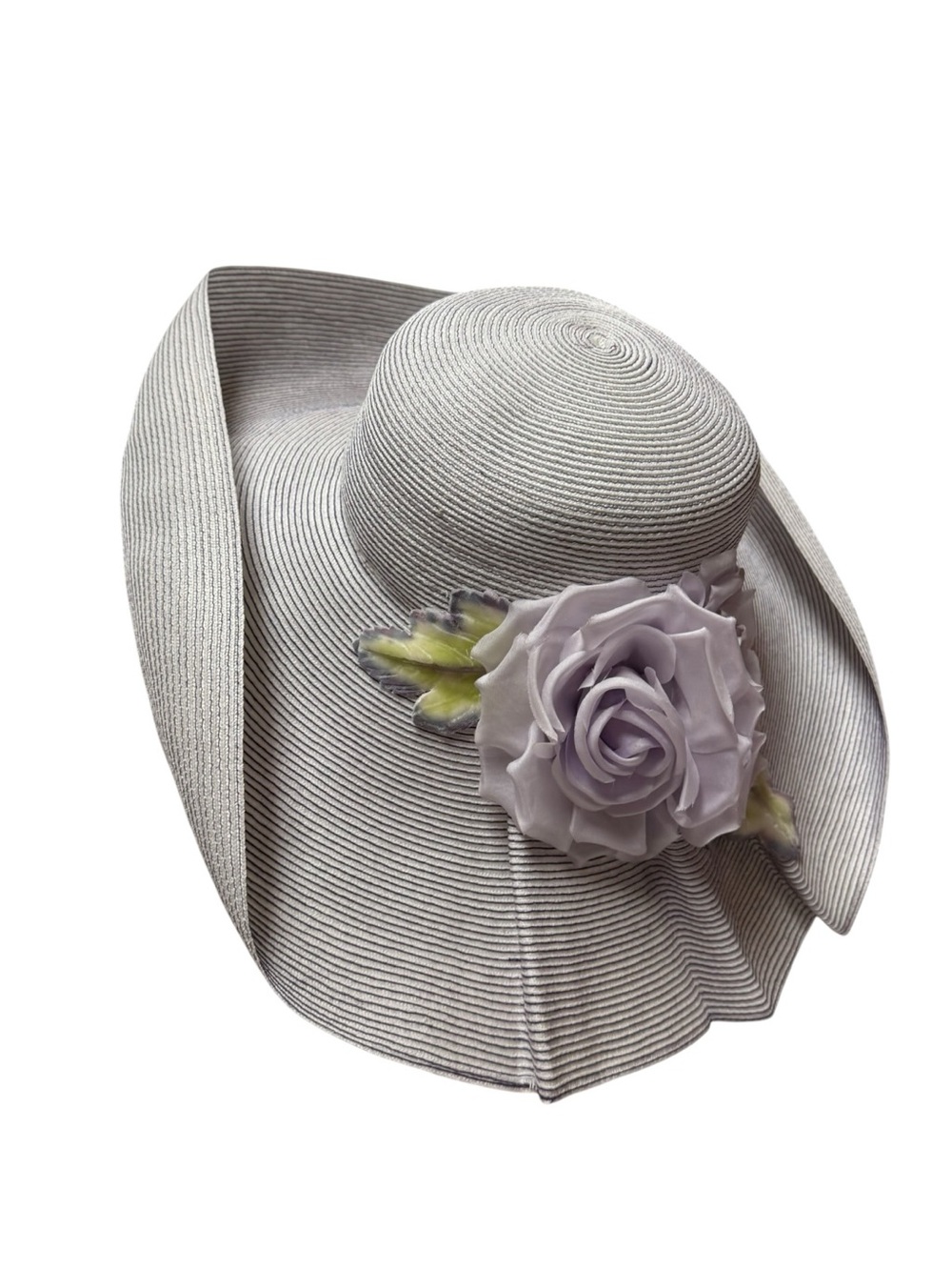 Vintage Eric Javits Wide-Brim Straw Sun Hat Lavender Rose Accent 18” - Picture 2 of 11